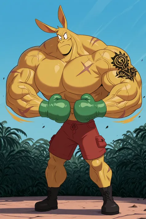 a giant muscles boxing kangaroo, golden yellow skin, green boxing gloves, red shorts, bigger red cartoon eyes, big ears, big feets, scars, veins, tattoos, black boots, muscular body, full body, macro size, giant size, 50-foot size, 100 feet tall, hypercart...