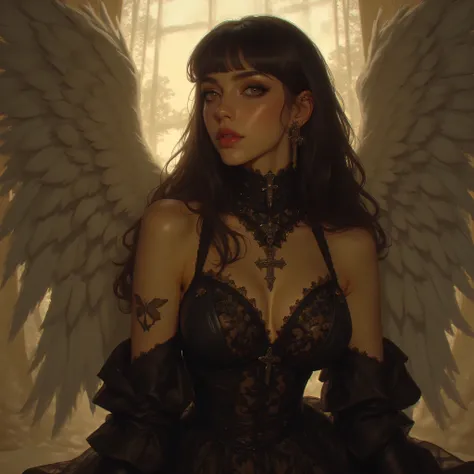 An angel in the form of a woman, incredibly beautiful and attractive brunette, elegantly dressed in a black ball gown that shines with heavenly light. Her expression is dramatic but triumphant, with a beautiful smile that radiates confidence. Her eyes are ...