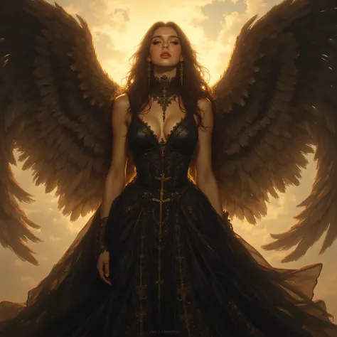 An angel in the form of a woman, incredibly beautiful and attractive brunette, elegantly dressed in a black ball gown that shines with heavenly light. Her expression is dramatic but triumphant, with a beautiful smile that radiates confidence. Her eyes are ...