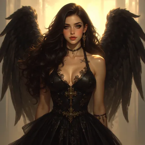 An angel in the form of a woman, incredibly beautiful and attractive brunette, elegantly dressed in a black ball gown that shines with heavenly light. Her expression is dramatic but triumphant, with a beautiful smile that radiates confidence. Her eyes are ...