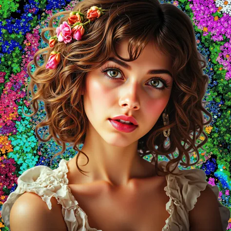 Lovely portrait. A girl with flowers in her hair. Ultra-realistic, photo-realistic. Ultra-attractive woman with a strange world background. Psycho's masterpiece.