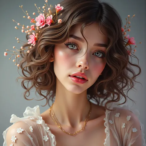 Ultra-realistic, photo-realistic, flowers in her hair, ultraattractive, 3D Rendering Realism, ultra-crystalistic, beauty, cinematic portrait, portrait photography, a masterpiece.