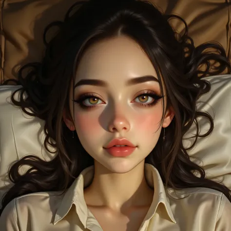 Hyperrealistic portrait, adult woman, 26 years old, Mediterranean Latina, medium-close shot (from the chest up), centered framing, direct gaze at the camera with an intense and slightly enigmatic expression. Face with natural skin and visible texture (subt...