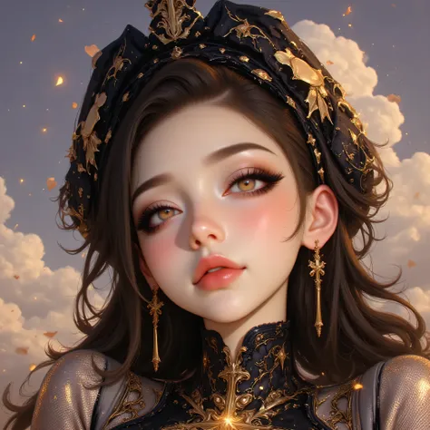 High-quality digital painting portrait, 24-year-old woman with East Asian features, medium-close shot (chest up), focus on face and eyes, centered composition, dreamy yet powerful expression. Oval face, porcelain skin with slight warm undertones, soft chee...