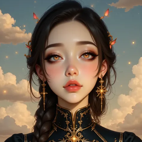 High-quality digital painting portrait, 24-year-old woman with East Asian features, medium-close shot (chest up), focus on face and eyes, centered composition, dreamy yet powerful expression. Oval face, porcelain skin with slight warm undertones, soft chee...