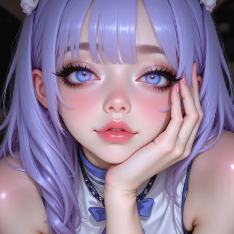Anime/Japanese illustration style portrait, 22 years old, medium-close shot (chest up), focus on expressive gaze and large, detailed eyes. Stylized face but with realistic texture details: luminous skin, slight blush on cheeks, small pink lips. Huge eyes, ...