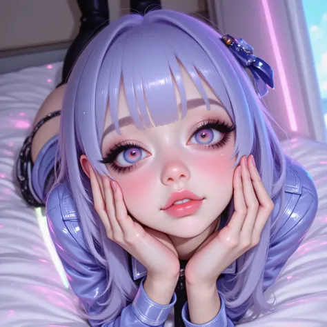 Anime/Japanese illustration style portrait, 22 years old, medium-close shot (chest up), focus on expressive gaze and large, detailed eyes. Stylized face but with realistic texture details: luminous skin, slight blush on cheeks, small pink lips. Huge eyes, ...