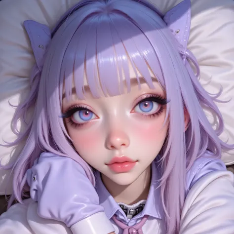 Anime/Japanese illustration style portrait, 22 years old, medium-close shot (chest up), focus on expressive gaze and large, detailed eyes. Stylized face but with realistic texture details: luminous skin, slight blush on cheeks, small pink lips. Huge eyes, ...