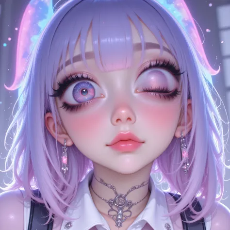 Anime/Japanese illustration style portrait, 22 years old, medium-close shot (chest up), focus on expressive gaze and large, detailed eyes. Stylized face but with realistic texture details: luminous skin, slight blush on cheeks, small pink lips. Huge eyes, ...