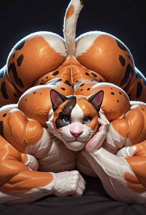 masterpiece, best quality, amazing quality, high quality, semi realistic, furry, 1boy, meowscles from fortnite, calico cat, (orange, black, white body), huge muscle, topless, naked, simple background, solo, lying on stomach, front, hand on his own cheek, f...