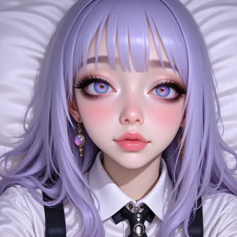 Anime/Japanese illustration style portrait, 22 years old, medium-close shot (chest up), focus on expressive gaze and large, detailed eyes. Stylized face but with realistic texture details: luminous skin, slight blush on cheeks, small pink lips. Huge eyes, ...