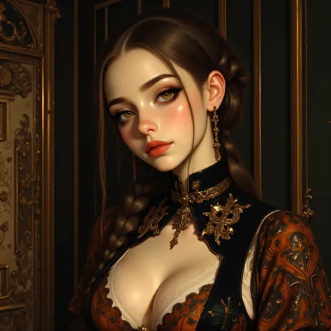 Renaissance-style oil portrait reinterpreted, European woman aged 28, medium-close shot (chest up), focus on expressive face and serene gaze. Classic composition: noble pose, head slightly turned, Rembrandt-style lighting with deep chiaroscuro and soft mod...