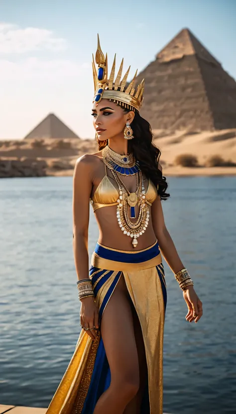 Cinematic photo (FULL HEIGHT:1.3), beautiful girl ((ohwx woman )) like Nefertiti, Egyptian queen, , braids, royally decorated with gold and lapis lazuli . She stands on the banks of the Nile , , and in the background are majestic , , epitomizing ancient...