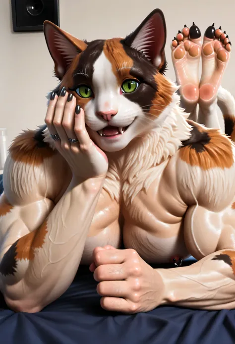 Masterpiece, (photorealistic style), 4k, absurdres, full body photo, perfectly correct anatomy, realistic, very Awa, detailed background, (natural lighting), (Huge Adult Male muscular bara Feline Meowscles Calico Cat), (Meowscles from Fortnite), (Detail Br...