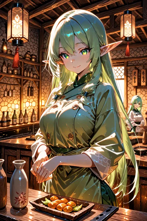 Highest Quality, Masterpiece, Ultra High Definition, Elf Woman, green long hair, pointed ears, Kappo, Inside the tavern counter, Standing in the kitchen, warm lighting, wooden counter, traditional Japanese izakaya, Chef, skilled hands, cozy atmosphere, at ...