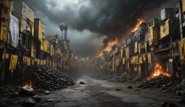 A residential area is a city of concrete boxes decorated with yellow flags with black patterns. A sultry wasteland with cracked ground. In the middle of the area, there is a huge pile of burning car tires. It's late evening. Black clouds. Horror