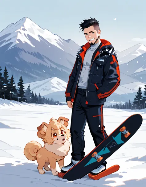 (((((with Pomeranian(dog) on his shoulder))))),(standing snowboard on snow ground), ,snowboarder's suits,(middle-man),40years old,(The face of an old man with dignity),man's eyes,man's nose,grin,(black short spiked hair),forehead,sidecut,undercut,beard,(ma...