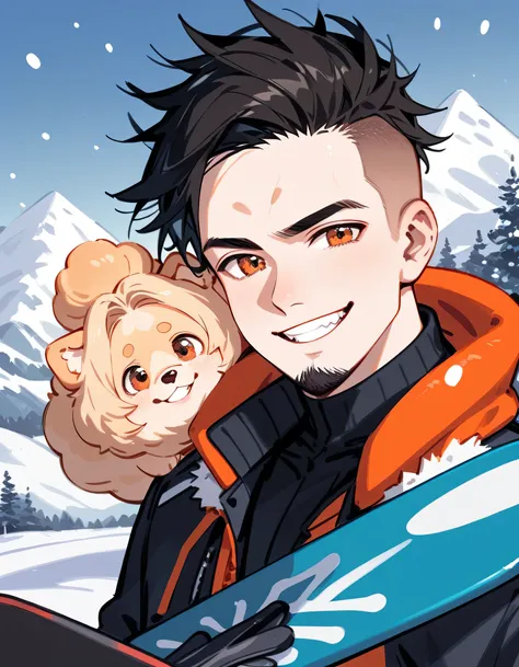 (((((with together small Pomeranian(dog)))))),(standing snowboard on snow ground),snowboarder's suits,(middle-man),((portrait)),40years old,(The face of an old man with dignity),man's eyes,man's nose,grin,(black short spiked hair),forehead,sidecut,undercut...