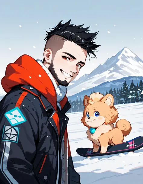 (((((with small Pomeranian(dog)))))),(standing snowboard on snow ground),snowboarder's suits,1middle-man and 1dog,portrait,40years old,(The face of an old man with dignity),man's eyes,man's nose,grin,(black short spiked hair),forehead,sidecut,undercut,bear...