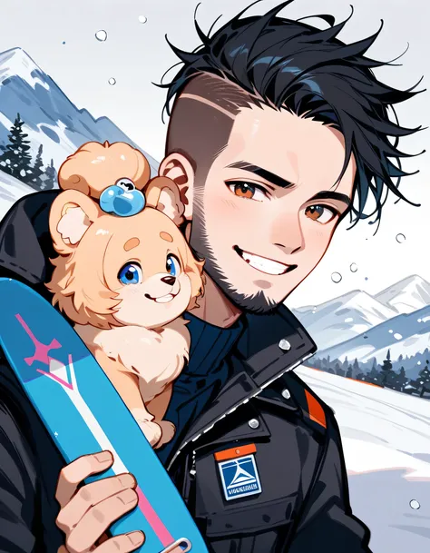 (((((with small Pomeranian(dog)))))),(standing snowboard on snow ground),snowboarder's suits,1middle-man and 1dog,portrait,40years old,(The face of an old man with dignity),man's eyes,man's nose,grin,(black short spiked hair),forehead,sidecut,undercut,bear...