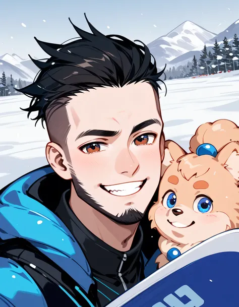 (((((with small Pomeranian(dog)))))),(standing snowboard on snow ground),snowboarder's suits,1middle-man and 1dog,portrait,40years old,(The face of an old man with dignity),man's eyes,man's nose,grin,(black short spiked hair),forehead,sidecut,undercut,bear...