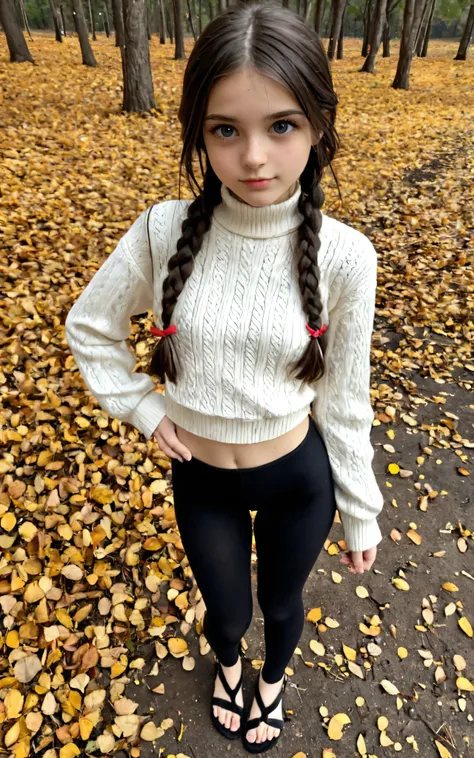 very young girl , god , posing in , subtle body , Slavic look , braided into a ponytail , in high school , fur sandals in a short black school sweater with a white collar , in a miniskirt, cute face, looks at the viewer, stands right in front of the viewer...