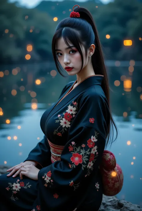 Night view, starry sky.
Strict black kimono decorated with elaborate floral embroidery.
Black kimono obi.
Super beautiful Japanese woman, Villainess.
Long upturned eyeliners, red lips.
Long high ponytail and a red ponytail hook.
Midnight on the shore of a ...