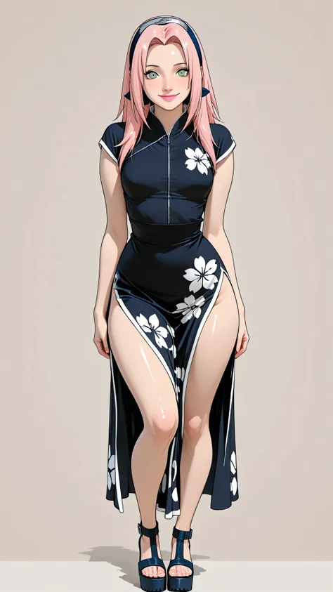 a girl, Sakura haruno, bright pale pink long hair, green eyes, thin lips sex, bright pink lipstick, small breasts, narrow waist, wide hips, Thighs and wide legs. Wear a black dress with white floral print. Wear high-heeled sandals with platform and bare to...