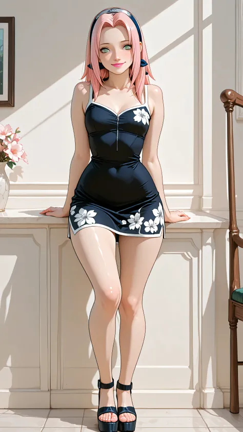 a girl, Sakura haruno, bright pale pink long hair, green eyes, thin lips sex, bright pink lipstick, small breasts, narrow waist, wide hips, Thighs and wide legs. Wear a black dress with white floral print. Wear high-heeled sandals with platform and bare to...