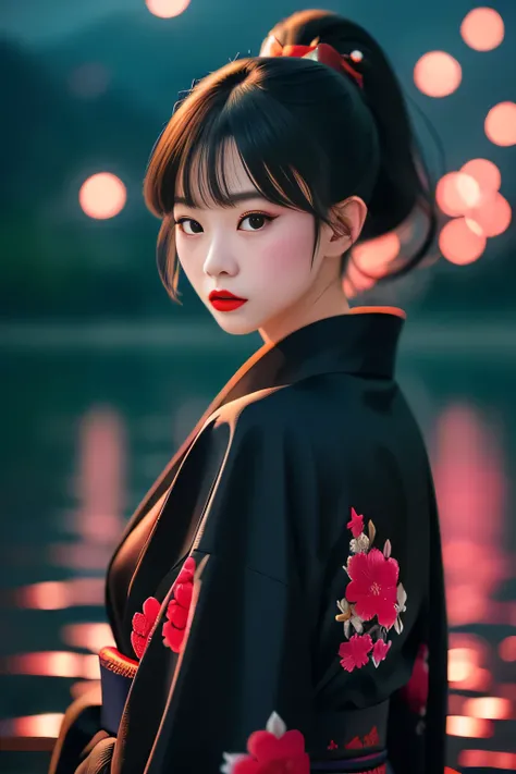 Black Sky.
Strict black kimono decorated with elaborate floral embroidery.
Black kimono obi.
Super beautiful Japanese woman, Villainess.
Long upturned eyeliners, red lips.
Long high ponytail and a red ponytail hook.
Midnight on the shore of a dark lake, co...