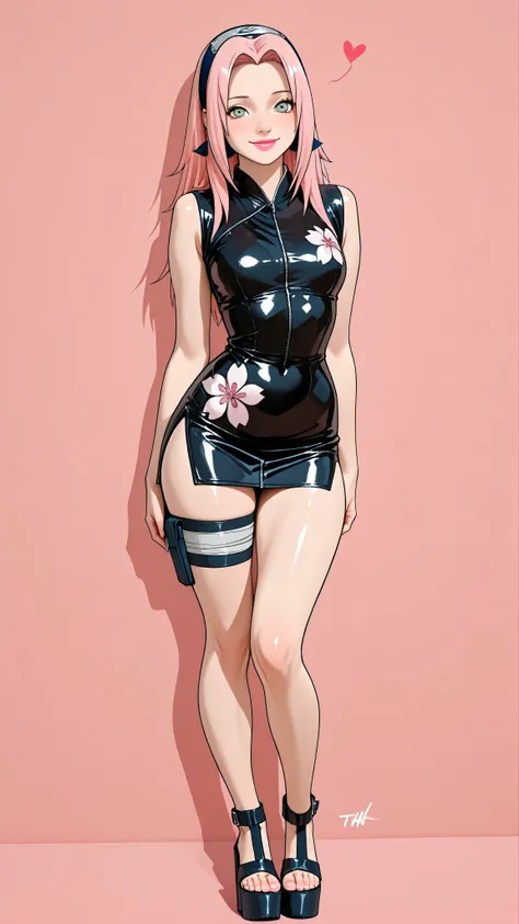 a girl, Sakura haruno, bright pale pink long hair, green eyes, thin lips sex, bright pink lipstick, small breasts, narrow waist, wide hips, Thighs and wide legs. Wear a black latex microdress with white floral print. Wear high-heeled sandals with platform ...