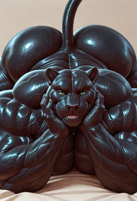 masterpiece, best quality, amazing quality, high quality, semi realistic, furry, 1boy, black panther, black body, huge muscle, topless, simple background, solo, lying on stomach, front, hand on his own cheek, focus face, close up face, smug smirk