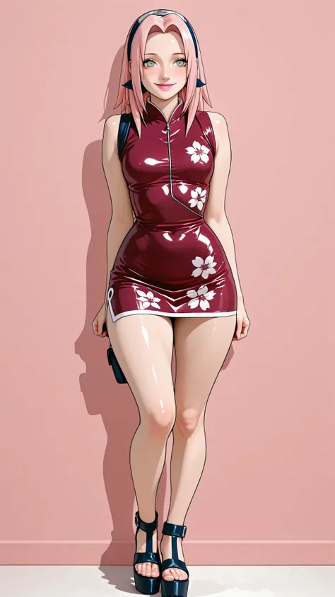 a girl, Sakura haruno, bright pale pink long hair, green eyes, thin lips sex, bright pink lipstick, small breasts, narrow waist, wide hips, Thighs and wide legs. Wear a black latex microdress with white floral print. Wear high-heeled sandals with platform ...