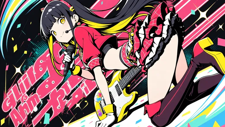 (masterpiece, best quality, clean cel-shaded pop-anime style, bold crisp linework, high saturation, graphic poster vibe, flat shapes, simplified geometry, clear silhouette, halftone dots, sticker-like cutout edges, minimal soft shading)
a glamorous idol gi...