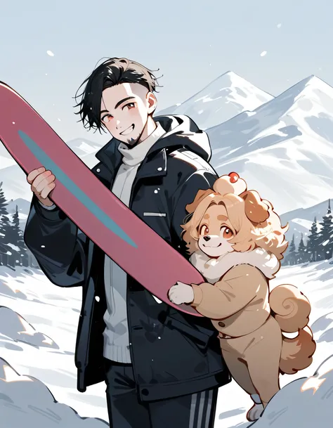 (((((with Pomeranian(dog)))))),(standing holding snowboard),portrait,snowboarder's suits and winter pants,(middle-man),40years old,(The face of an old man with dignity),man's eyes,man's nose,grin,(black short spiked hair),forehead,sidecut,undercut,beard,(m...