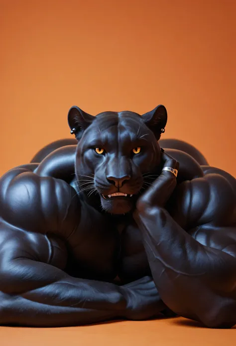 masterpiece, best quality, amazing quality, high quality, semi realistic, furry, 1boy, black panther, black body, huge muscle, Detail Bright Orange Eyes:1.4, Black Sclera:1.4, topless, naked, Nipple Piercings, ear piercings, rings, flesh-toned palms:1.5, b...