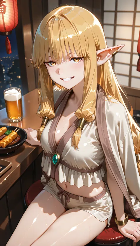 (from side:1.2), (from above:1.2), Looking up, looking at viewer,
　sitting cross-legged,　smiling showing teeth, grin, traditional Japanese izakaya, inside, night. wooden counter, lit by paper lanterns, and handwritten menus and sake labels on the walls, On...