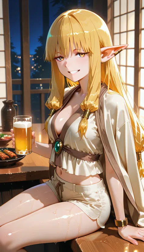 smiling showing teeth, grin, traditional Japanese izakaya, inside, night. wooden counter, lit by paper lanterns, and handwritten menus and sake labels on the walls, 
On the table are dishes such as yakitori, edamame, sashimi, and tempura, and beer and sake...