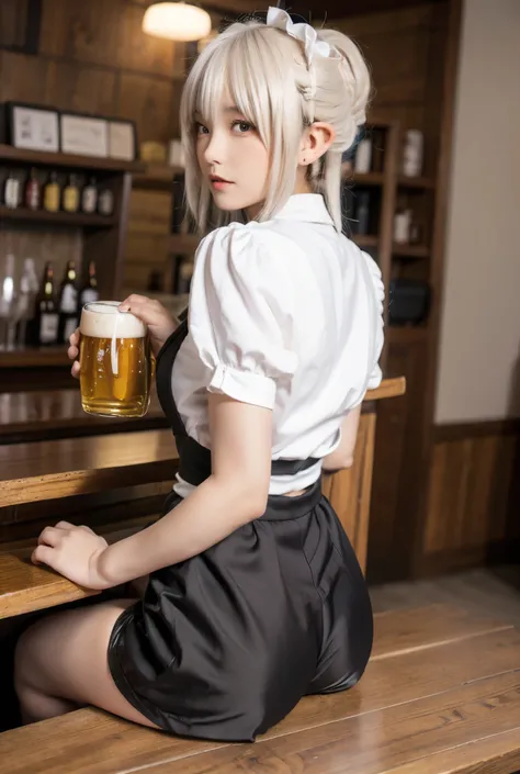 masterpiece、 Best Picture Quality 、8k、An izakaya with a、counter table with alcohol lined up on the back shelf A mysterious elf woman standing behind the、Mysterious Elf Woman Standing at the Back of the Counter、perfect proportions、long silver-blond hair in ...