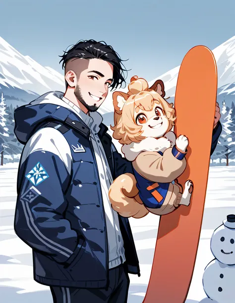 (((((with Pomeranian(dog)))))),(standing holding snowboard),portrait,snowboarder's suits and winter pants,(middle-man),40years old,(The face of an old man with dignity),man's eyes,man's nose,grin,(black short spiked hair),forehead,sidecut,undercut,beard,(m...
