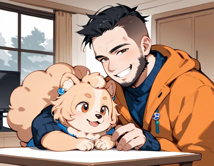 (((((with small Pomeranian(dog)))))),(middle-man),40years old,(The face of an old man with dignity),man's eyes,man's nose,grin,(black short spiked hair),forehead,sidecut,undercut,beard,male's knit warmer,(manga style,sketch,best quality),On a cold winter d...