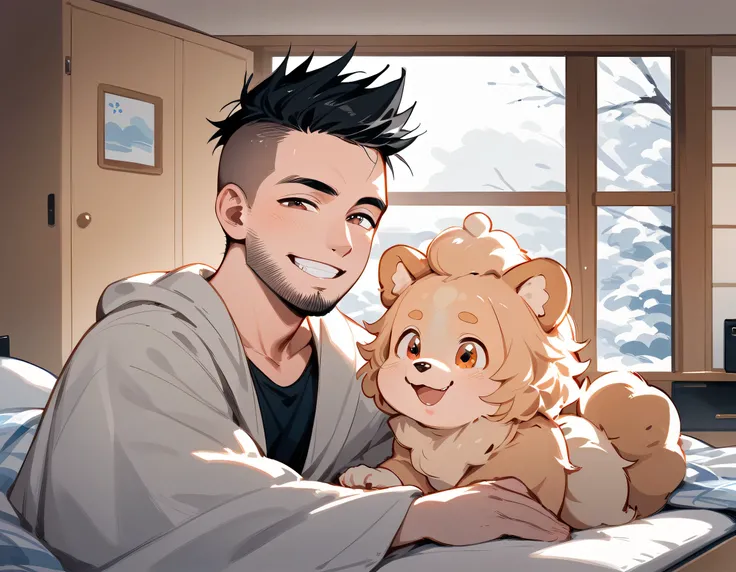 (((((with small Pomeranian(dog)))))),(middle-man),40years old,(The face of an old man with dignity),man's eyes,man's nose,grin,(black short spiked hair),forehead,sidecut,undercut,beard,male's knit warmer,(manga style,sketch,best quality),On a cold winter d...