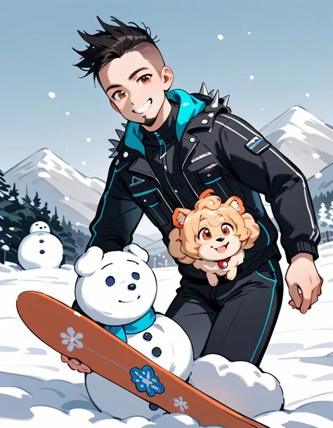 (((((with Pomeranian(dog)))))),(standing holding snowboard),portrait,(middle-man),40years old,(The face of an old man with dignity),man's eyes,man's nose,grin,(black short spiked hair),forehead,sidecut,undercut,beard,snowboarder's suits,(manga style,sketch...
