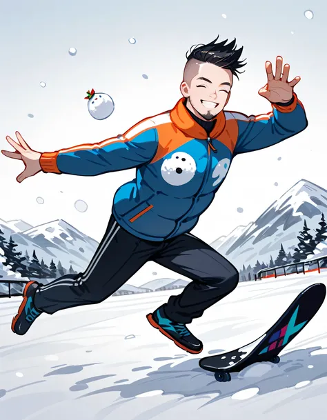 sideview,(dynamic jumping snowboarding trick pose),looking at viewer,(middle-man),40years old,(The face of an old man with dignity),man's eyes,man's nose,closed eyes smile,(black short spiked hair),forehead,sidecut,undercut,beard,snowboarder's suits,(manga...