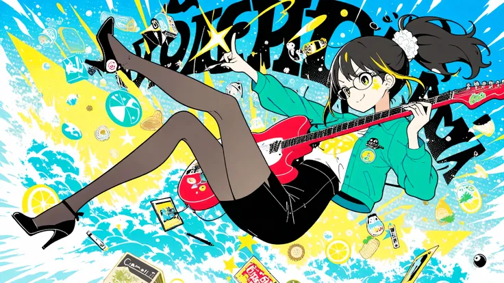 A woman playing the guitar(masterpiece, Highest Quality, Pop anime style with a clean cell, Bold, Clear Line Art, high saturation, Graphic Poster-like Image, Flat shape , halftone dots, Cutout Edge Like a Sticker, Minimal soft shading)
Confident 3 with a s...
