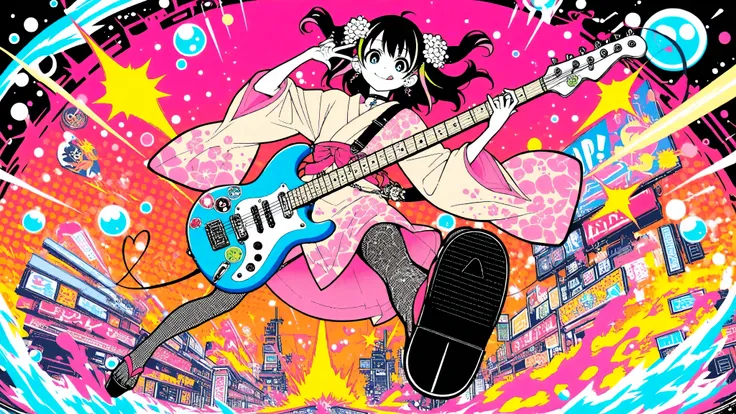A woman playing the guitar(masterpiece, Highest Quality, Pop anime style with a clean cell, Bold, Clear Line Art, high saturation, Graphic Poster-like Image, Flat shape , halftone dots, Cutout Edge Like a Sticker, Minimal soft shading)
Full Body Photo of a...