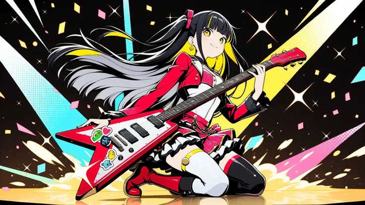 (masterpiece, best quality, clean cel-shaded pop-anime style, bold crisp linework, high saturation, graphic poster vibe, flat shapes, simplified geometry, clear silhouette, halftone dots, sticker-like cutout edges, minimal soft shading)
a glamorous idol gi...