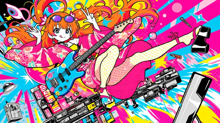 A woman playing the guitar(masterpiece, Highest Quality, Pop anime style with a clean cell, Bold, Clear Line Art, high saturation, Graphic Poster-like Image, Flat shape , halftone dots, Cutout Edge Like a Sticker, Minimal soft shading)
Full Body Photo of a...