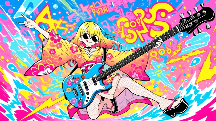 A woman playing the guitar(masterpiece, Highest Quality, Pop anime style with a clean cell, Bold, Clear Line Art, high saturation, Graphic Poster-like Image, Flat shape , halftone dots, Cutout Edge Like a Sticker, Minimal soft shading)
Full Body Photo of a...