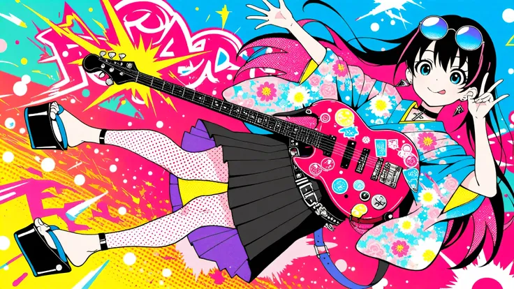A woman playing the guitar(masterpiece, Highest Quality, Pop anime style with a clean cell, Bold, Clear Line Art, high saturation, Graphic Poster-like Image, Flat shape , halftone dots, Cutout Edge Like a Sticker, Minimal soft shading)
Full Body Photo of a...